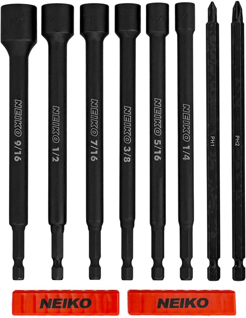 NEIKO 10067A Magnetic Impact Nut Driver and Power Bit Tool Set | 8 Pieces, SAE | 6 Inches with Magnetic Tip Sockets