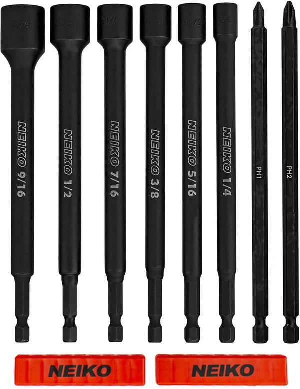 NEIKO 10067A Magnetic Impact Nut Driver and Power Bit Tool Set | 8 Pieces, SAE | 6 Inches with Magnetic Tip Sockets