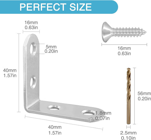 18PCS 1.57'' x 1.57'' L Bracket Corner Brace, Stainless Steel Small 90 Degree Right Angle Bracket for Wood Desk Chair Cabinet Drawer Closet Frame Furniture with 72PCS Screws