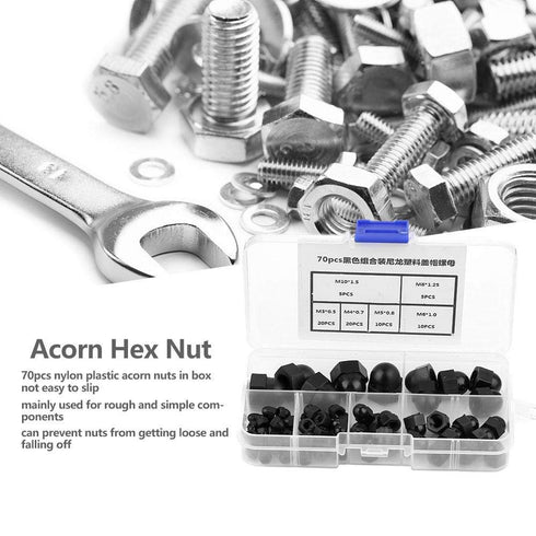 Walfront 70Pcs Black Nylon Acorn Hex Nuts, M3/M4/M5/M6/M8/M10 Sizes