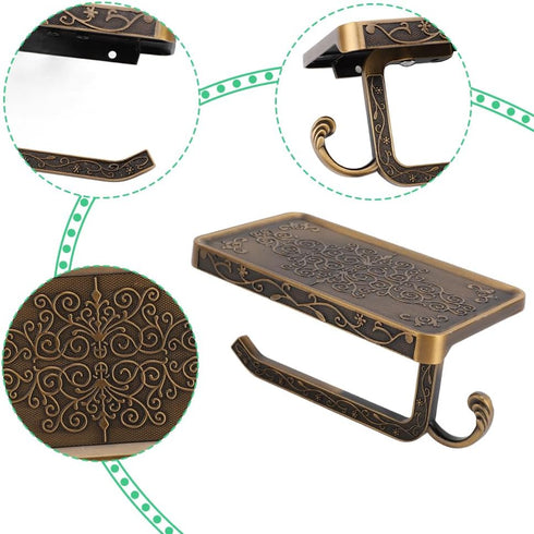 Vintage Toilet Paper Holder with Shelf,Aluminum Tissue Roll Wall Mounted,Toilet Shelf for Bathroom Accessories Mount