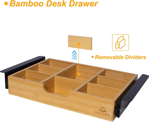 Under Desk Bamboo Drawer with U-Shaped Hollow Panel, Adjustable Space Storage Organizer for Sit Stand Workstation