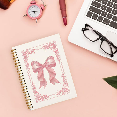 Pink Bow Coquette Journal - 5.5x8.3 Hardcover Spiral Notebook, Preppy Aesthetic Desk Accessories for Women