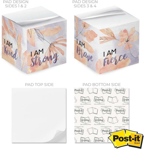Floral Affirmation Sticky Note Cube - 600 Sheets, 2.75" Memo Block Printed on 4 Sides, Four Empowering Messages