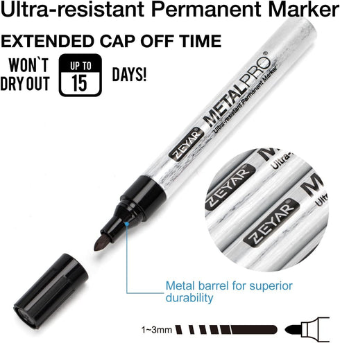 ZEYAR Permanent Markers, Bullet Tip, Aluminum Barrel, Waterproof, Quick Dry, 3 Black, 1 Blue, 1 Green, 1 Red