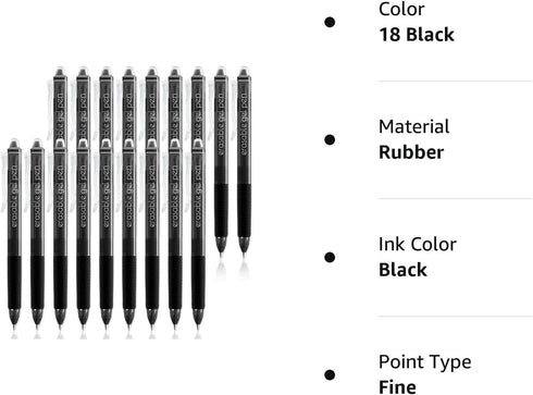 Vanstek 18 Black Retractable Erasable Gel Pens, Fine Point (0.7), Premium Comfort Grip, Black Ink for Note Taking,