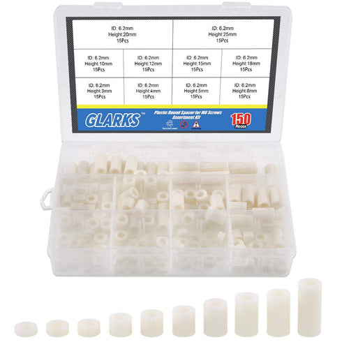 Glaks 150Pcs Nylon Round Spacer Assortment Kit, 10 Sizes, OD 11mm ID 6.2mm for M6 Screws, Nylon Standoff