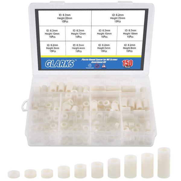 Glaks 150Pcs Nylon Round Spacer Assortment Kit, 10 Sizes, OD 11mm ID 6.2mm for M6 Screws, Nylon Standoff