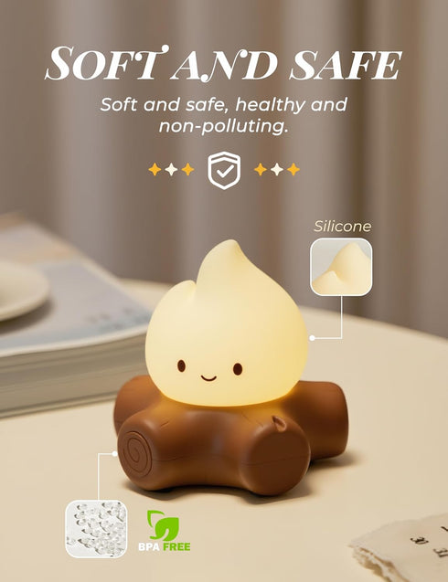 Dimmable, Chibi Campfire Night Light, Silicone, LED Flickering Flame Lights, Rechargeable Bedside Nightlight, Anime