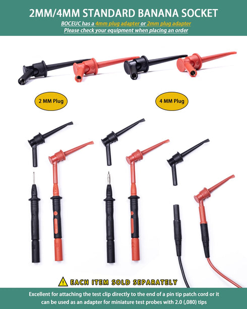 Mini Grabber Test Clip with 2MM Banana Jack, 2 PCS Multimeter Test Lead Hooks Clips Push on Test Probe Electronic Testing IC Grabber