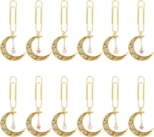 OLYCRAFT 12Pcs Moon and Star Paperclips, 3.8 Inch Alloy Pendant Clips for Document Sorting