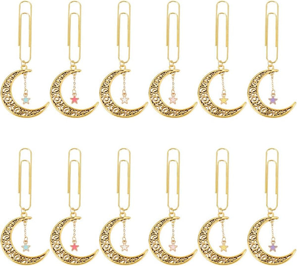 OLYCRAFT 12Pcs Moon and Star Paperclips, 3.8 Inch Alloy Pendant Clips for Document Sorting