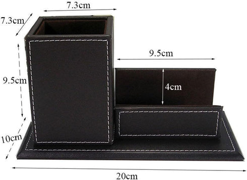 KINGFOM PU Leather Desk Organizer and Accessories, Black Pencil Holder with Business Cards Stand, School Office