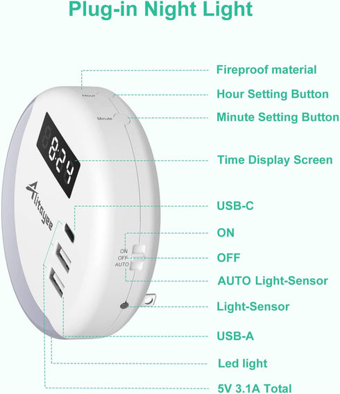 15.5W) Alitayee LED Night Light, Night Lights Plug Into Wall, Smart Light Sensor Nightlight with USB C Charger(MAX
