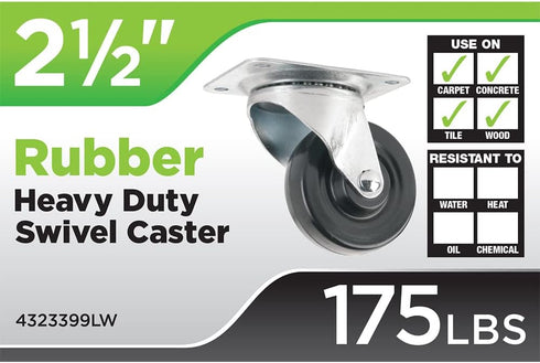 Titan 2 1/2" Heavy-Duty Solid Rubber Swivel Plate Caster Wheel, 175-lb. Capacity, Black