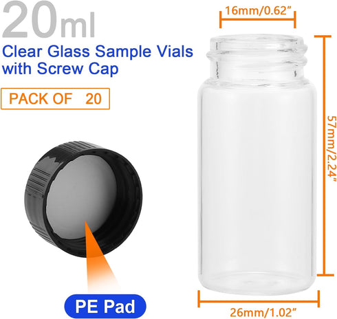 20-Pack 20ml Glass Vials with Screw Caps - Small Vials for Essential Oil, and Specimen Samples - Clear Bottles with Lids by Kesell