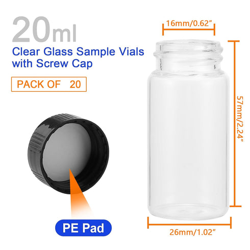 20-Pack Glass Vials with Caps - Small 20ml Bottles for Essential Oil, and Samples - Screw Cap, Clear Bottle Container