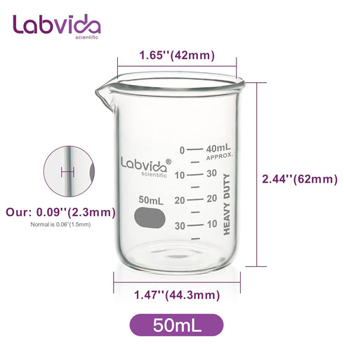 Heavy Duty Glass Beakers Set, 5 pcs of 50ml Thick-Walled Beaker Shot Glasses, 3.3 Boro Griffin Low Form