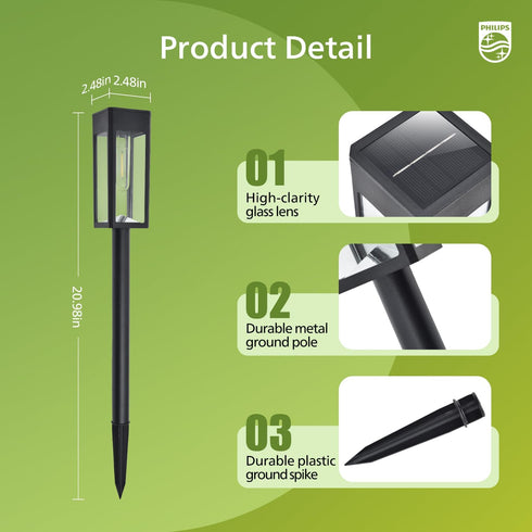 2 Packs 3000K Philips Solar Pathway Lights Outdoor, Glass Metal Led Garden Landscape Lightings, Warm White, Waterproof