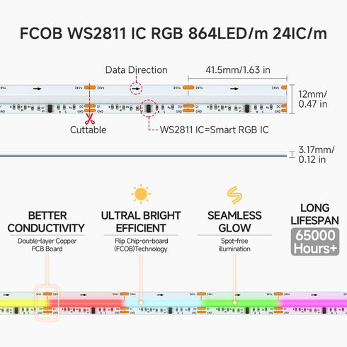 WS2811 864LED/m DC24V 9.8FT 24IC/m 12mm BTF-LIGHTING FCOB IC RGB COB LED Strip Flexible High Density Color Chasing