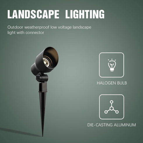 Malibu Low Voltage Landscape Spotlights, 20W Halogen 12V AC Outdoor Black Lighting Kit with Spike Stakes and Connectors
