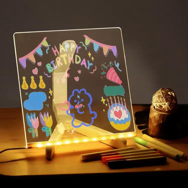 CAPOT Acrylic Dry Erase Board with Light, 5.9 X 5.9”, Glow Memo LED Letter Message Board with 7 Color Pen