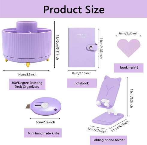 suniya Pen,Bookmark,Ect.22pcs Office Supplies,Purple Desk Accessories,Desk Organizer,Stapler,Tape Dispenser,Folding