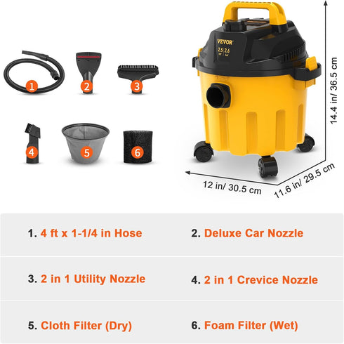 VEVOR Wet Dry Vac, 2.6 Gallon, 2.5 Peak HP Portable Shop Vacuum with Blowing Function, Attachments Storage,