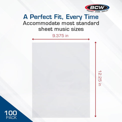 BCW Archival Quality Sheet Music Sleeves, 100 Pack, 9 3/8x12 1/4 in