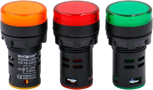 Baomain AD16-22D/S31 AC220V Energy Saving LED Indicator Light, Green*1 Yellow*1 Red*1, Pack of 3