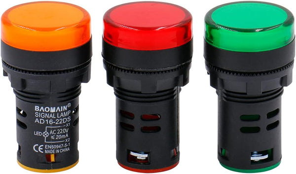 Baomain AD16-22D/S31 AC220V Energy Saving LED Indicator Light, Green*1 Yellow*1 Red*1, Pack of 3