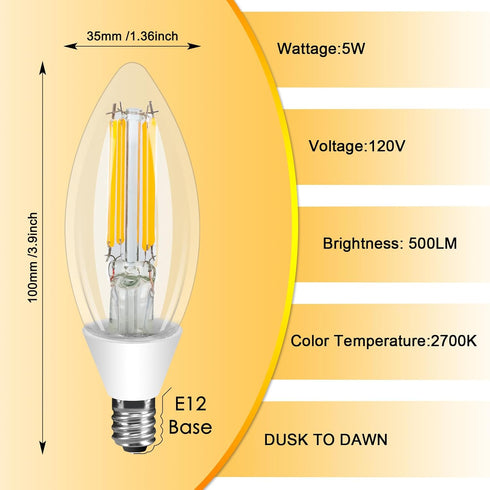 Ganiude E12 Dusk to Dawn Light Bulbs, 5W 60W Equivalent, 2700K Warm White, Photocell Sensor, 6 Pack