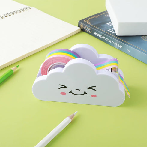 Cute Cloud Tape Dispenser, White Tape Desk Cutter with Rainbow Novelty Holder for Home, School, Office Supplies