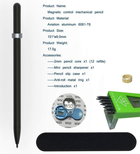 WSD Mechanical Pencils, Magnetic Control Pencil, CNC Machined, Universal 2.0mm Refill, Black