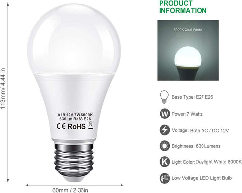 12V LED Light Bulb 60W Equivalent E26 7W 630Lm, Low Voltage AC/DC 11-18V, A19-12volt RV Marine, 6 Pack