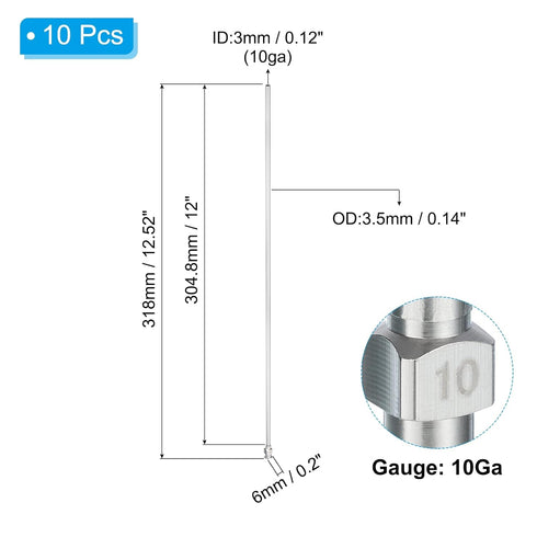 PATIKIL 10Ga x 12 Inch Stainless Steel Dispensing Needle Tips, 10Pcs Metal Glue Needle Tube Blunt Tips Luer Lock for Thick Glue Ink Lab, Silver