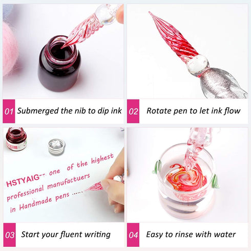 Vintage Handmade Glass Dip Pen Set, Elegant Crystal Signature Pen Gift (Light Pink)