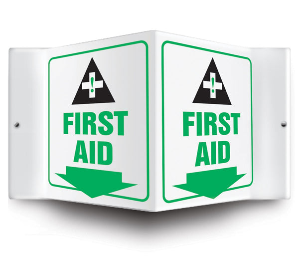 Accuform PSP605 3D Projection Sign, "First AID (Arrow Down)", 6" x 5" Panel, Green/Black on White