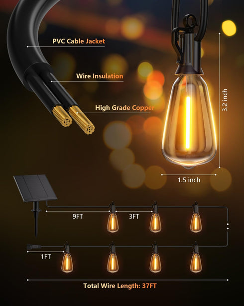 37FT 10+1 Bulbs, Dimmable 3 Commercial Brightown Solar String Lights Outdoor Waterproof with Remote, LED Shatterproof