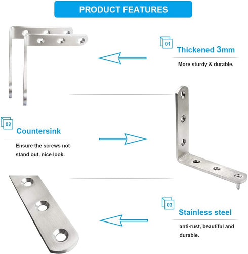 5 Pcs Stainless Steel Corner Brace L Bracket, 3 x 3 inch Heavy Duty 90 Degree Joint with Screw