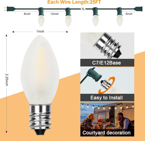 C7 25Ft 27 Bulbs LED Frosted White String Lights Outdoor Christmas Decorations String Lights with LED Frosted White