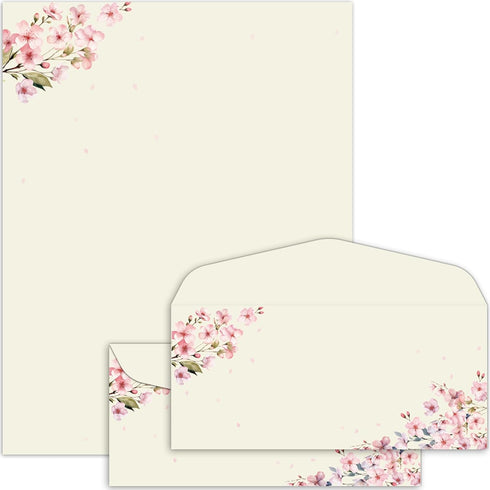 50Pcs Cherry Blossoms Letterhead with Envelopes Floral Cherry Blossoms Computer Paper Pink