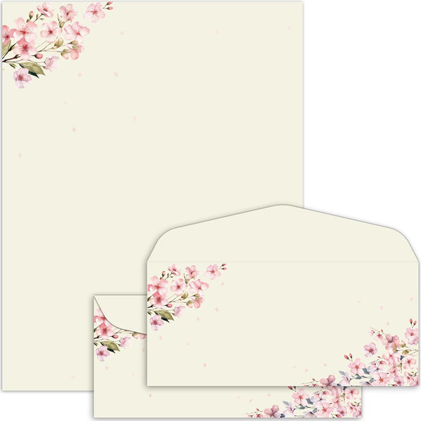 50Pcs Cherry Blossoms Letterhead with Envelopes Floral Cherry Blossoms Computer Paper Pink