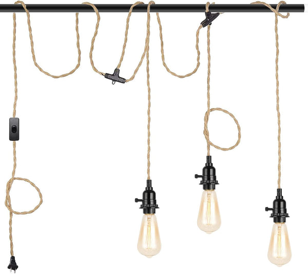 KENMI 3-Light Hanging Light with Plug in Cord,Plug in Pendant Light 22ft Hemp