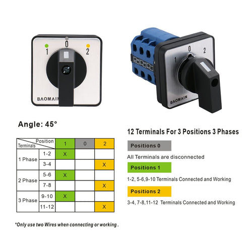 Baomain 660V 20A On-Off-On Changeover Control Rotary Cam Switch, 3 Positions, 12 Terminals SZW26-20/D303.3