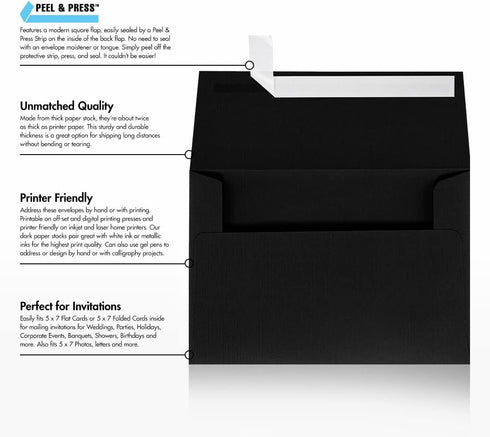 LUXPaper A7 Invitation Envelopes, Black Linen, 5 1/4" x 7 1/4", 80lb Text, 250 Qty, Peel & Press