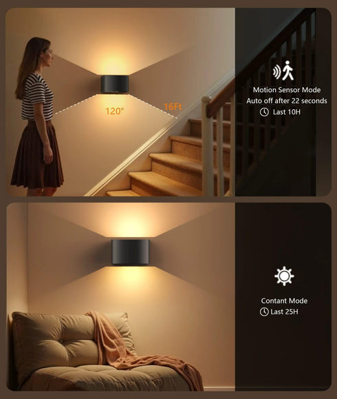 Ainostone Dimmable 2 Pack Motion Sensor Rechargeable Wall Lights Wireless Wall Sconces with Remote Control Up and Down
