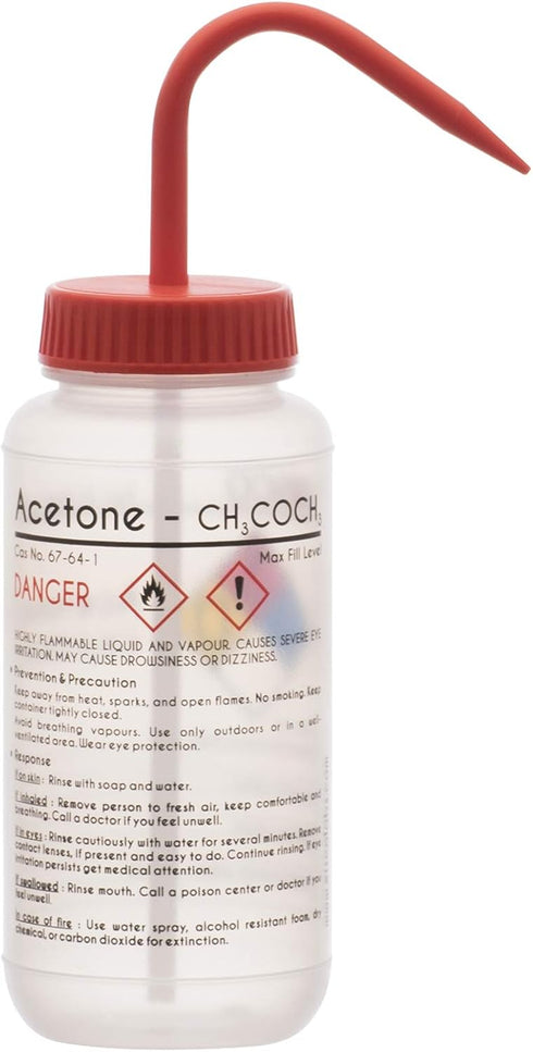 EISCO 2PK Wash Bottle for Acetone, 500ml, Labeled with Color Coded Chemical & Safety Information