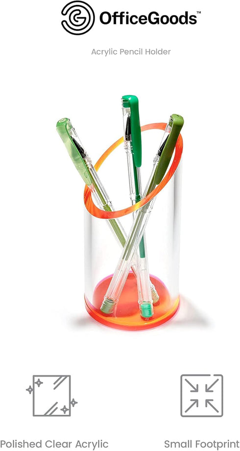 OfficeGoods Acrylic Pen & Pencil Holder, Modern Desk Organizer, 5.25” H x 2.5” W, Neon Red