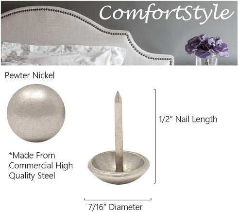 Premium Upholstery Tacks, Nailhead Decorative Trim for Furniture, 7/16-inch Diameter (100, Pewter Nickel)